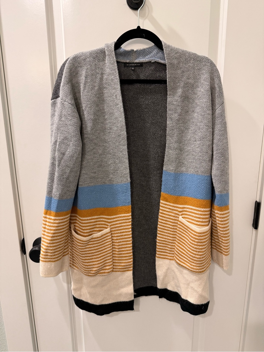 Staccato Open-Front Striped Cardigan in Gray, Blue, Mustard & Cream